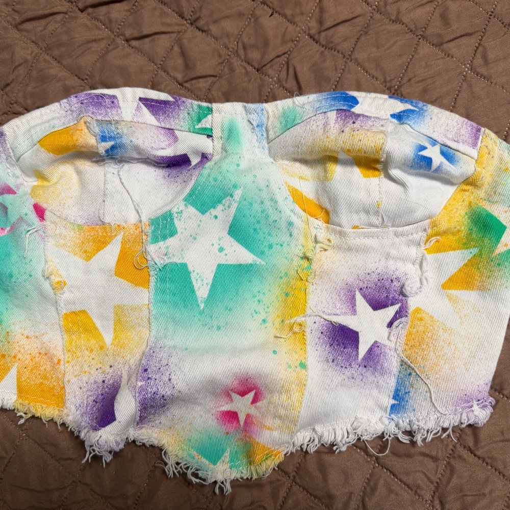 SHEIN White Multi-Color Star Print Strapless Crop Top
